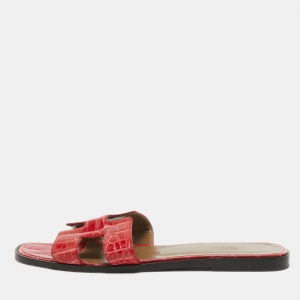 Hermes Red Alligator Oran Flat Slides Size 39