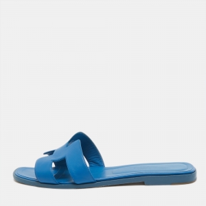 مملوكة مسبقًا Hermes Blue Leather Oran Flat Slides Size 39.5