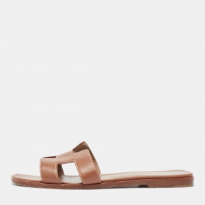 Pre Owned Hermes Brown Leather Oran Flat Slides Size 37