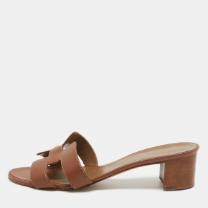 Hermes Brown Leather Oasis Slide Sandals Size 40
