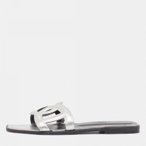 Hermes Silver Leather Omaha Flat Slides Size 37