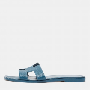 Hermes Teal Leather Oran Flat Slides Size 37