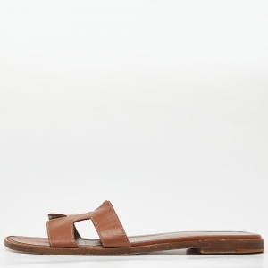 Hermes Brown Leather Oran Slide Flats Size 41