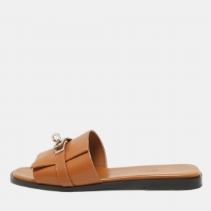 Hermes Brown Leather Giulia Flat Slides Size 38