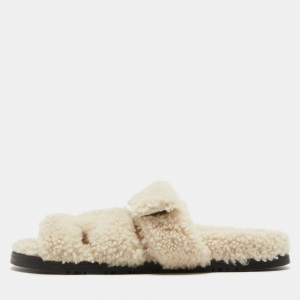 Hermes Off White Shearling Chypre Flat Slides Size 37