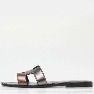 Pre Owned Hermes Metallic Leather Oran Flat Slides Size 40