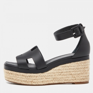 Pre Owned Hermes Black Leather Elda Espadrille Sandals Size 37