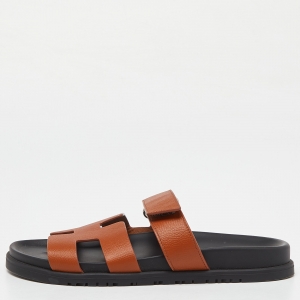 Hermes Tan Leather Chypre Slides Size 38.5