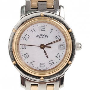 Hermes White Gold & Steel Clipper PM Women's Wristwatch 24MM