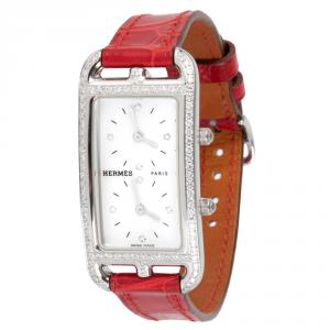 Hermes White Stainless Steel Diamond and Leather Cape Cod Nantucket CC3-230 Women's Wristwatch 20MM