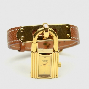 Hermes Brown Gold Plated Leather Kelly Womens Wristwatch 20 MM