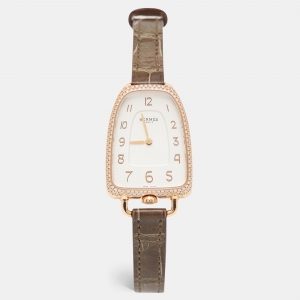 Hermes White 18k Rose Gold Diamond Alligator Galop d'Hermès GA1.271 Women's Wristwatch 26 mm
