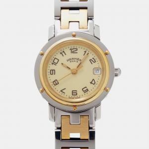 Hermes White 18k Yellow Gold Plated Stainless Steel Clipper CL4.220 Quartz Women's Wristwatch 24 mm
