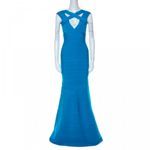 Herve Leger Turquoise Blue Stretch Knit Cathryn Bandage Gown XS