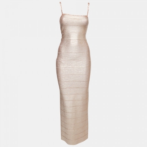 Herve Leger Pink/Gold Bandage Knit Long Dress XS