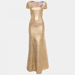 Herve Leger Gold Knit Cap Sleeve Fit & Flare Gown S