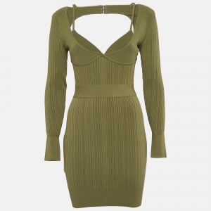 Herve Leger Green Rib Knit Cut-Out Mini Bandage Dress S