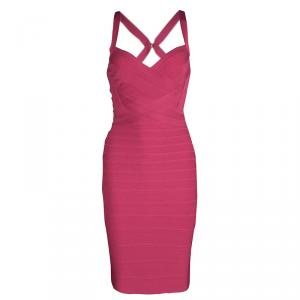 Herve Leger Pink Cross Back Detail Bright Rose Bandage Dress XS