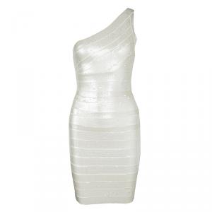 Herve Leger Alabaster One Shoulder Pauline Sequined Bandage Dress XS