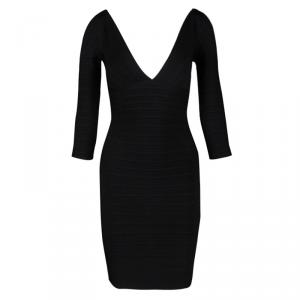 Herve Leger Black V-Neck Cold Shoulder Kayann Bandage Dress XS