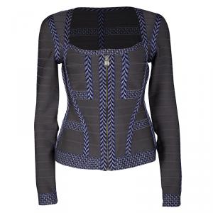 Herve Leger Grey Contrast Trim Zip Front Sol Bandage Jacket M