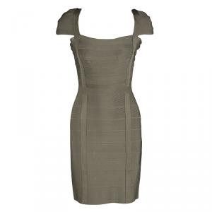 Herve Leger Dark Olive Kristen Cap Sleeve Bandage Dress M