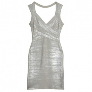 Herve Leger Silver Metallic Vneck Bandage Dress XS