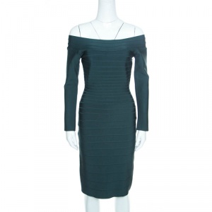 Herve Leger Dark Teal Green Off Shoulder Candice Bandage Dress M