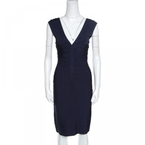 Herve Leger Night Blue V Neck Elise Bandage Dress S