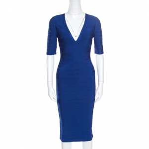 Herve Leger Cobalt Blue Plunge Neck Cybil Bandage Dress S