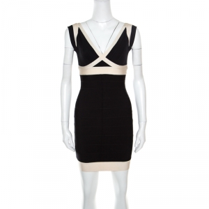 Herve Leger Black and Cream Plunge Neck Detail Sleeveless Ilia Bandage Dress S