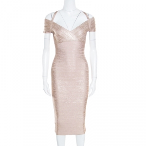 Herve Leger Rose Gold Woodgrain Foil Bodycon Kelis Dress S
