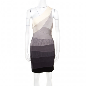 Herve Leger Grey Ombre One Shoulder Alexis Bandage Dress M