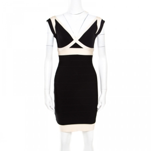 Herve Leger Black and Cream Plunge Neck Detail Sleeveless Ilia Bandage Dress S