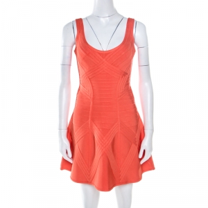 Herve Leger Bright Carotene Sleeveless Flared Dasha Bandage Dress S
