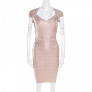 Herve Leger Dusty Rose Gold Foil Printed Tejana Bandage Dress XS