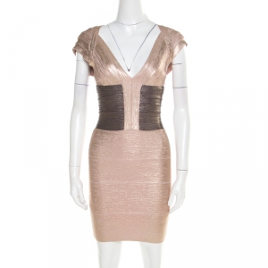 Herve Leger Metallic Rose Gold Melena Bandage Mini Dress XS