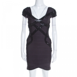 Herve Leger Grey Sequin Embellished Cap Sleeve Diane Bandage Dress S