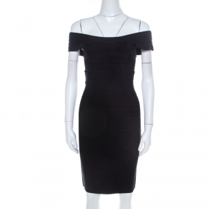 Herve Leger Black Knit Off Shoulder Marina Bandage Dress XS 