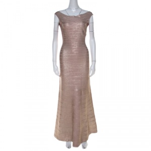 Herve Leger Rose Gold Foil Print Sophia Bandage Mermaid Gown S