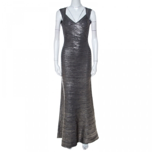 Herve Leger Dark Grey Woodgrain Foil Print Camilla Bandage Gown XS
