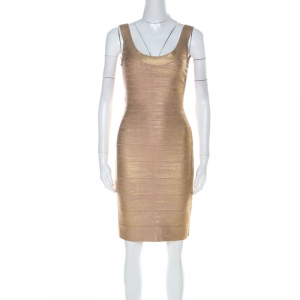 Herve Leger Brushed Gold Bandage Sleeveless Mini Dress XS