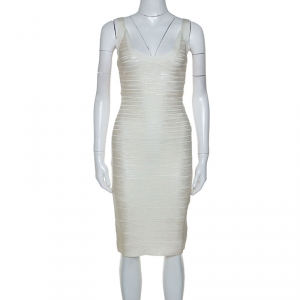 Herve Leger White Foil Printed Knit Ginny Bandage Dress S