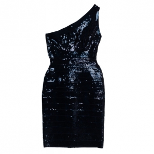 Hervé Léger Navy Blue One Shoulder Sequin Bandage Dress
