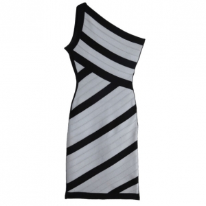 Herve Leger Black and Grey One Shoulder Bandage Dress S