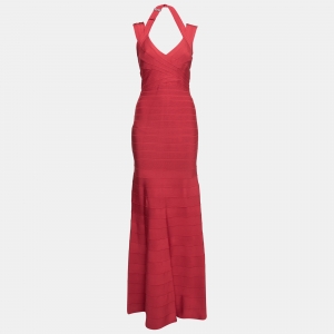 Herve Leger Red Bandage Selene Halter Neck Maxi Dress M
