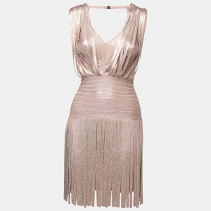 Herve Leger by Max Azria Blush Pink Bandage Knit Fringed Mini Dress XS