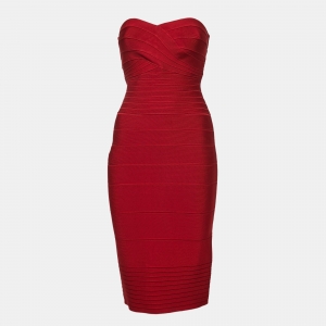 Herve Leger Red Bandage Knit Strapless Bodycon Dress S