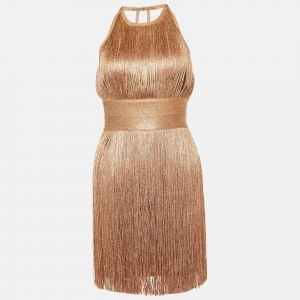 Herve Leger Metallic Rose Gold Knit Fringed Mini Dress XS