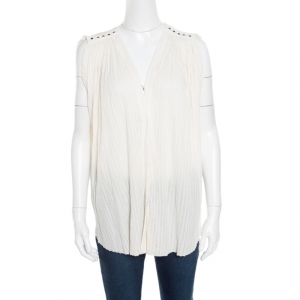 Pre Owned Isabel Marant Etoile Cream Crinkled Striped Cotton Sleeveless Tacy Top L